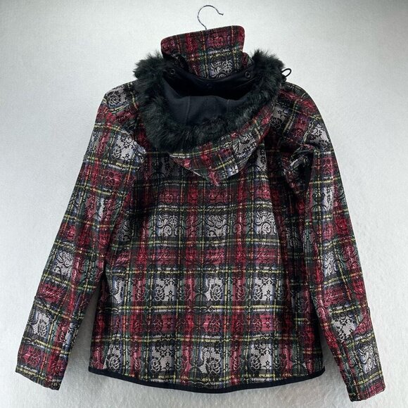 Body Glove Jacket Women S Plaid Faux Fur Trim Fleece Lined Hoodie Waterproof Red - Picture 3 of 14
